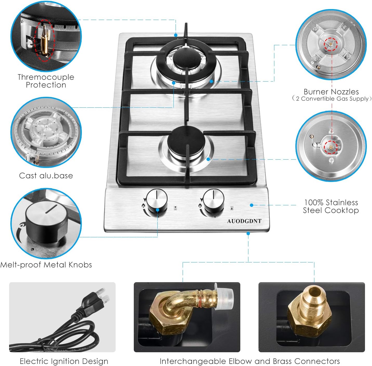 AUODGDNT Gas Stove Gas Cooktop 2 Burners.12 Inches Portable Stainless Steel Built-in Gas Hob LPGNG Dual Fuel Easy to Clean for RVs. Apartments. Outdoor (Silver)
