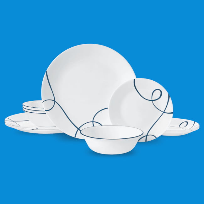 Corelle®- Lia. White and Blue Round 12-Piece Dinnerware Set