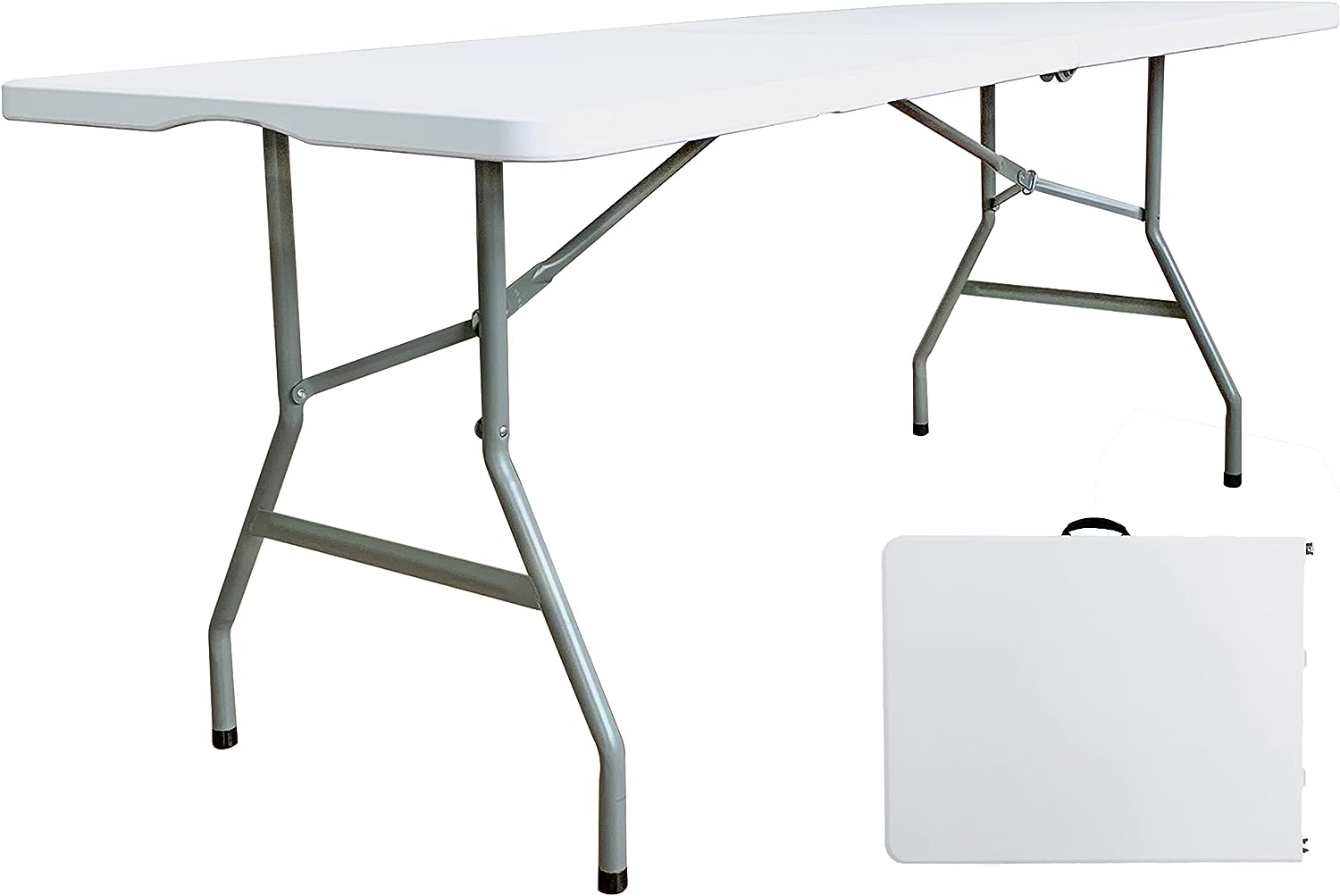 JingPieCle 6 Foot Folding Table 6ft Portable Plastic Table with Handle. Fold in Half Heavy Duty Lightweight Home Utility Table. Indoor Outdoor 6′ Folding Card Tables for Party. Picnic. Camping. Dining