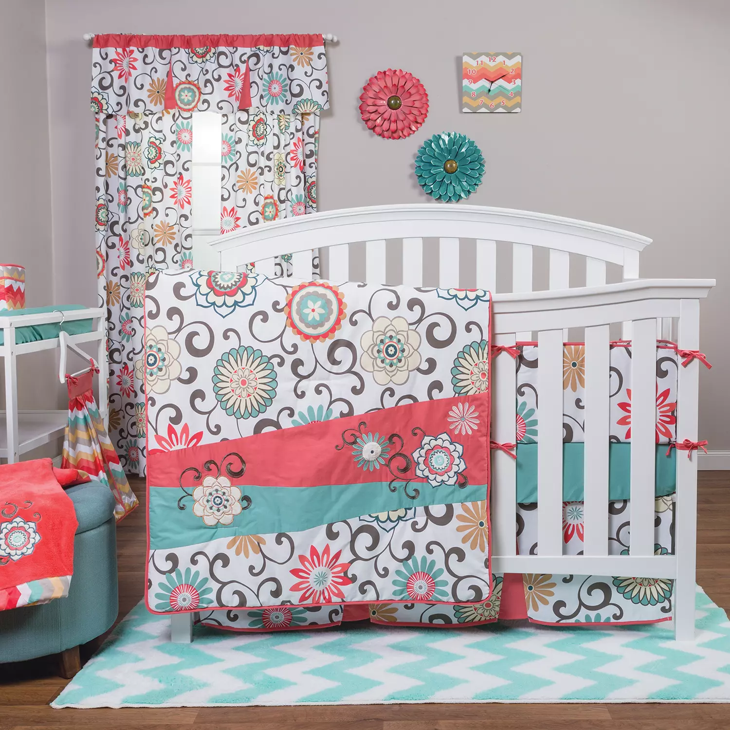 Waverly Pom Pom Play 4-Piece Crib Bedding Set. Coral