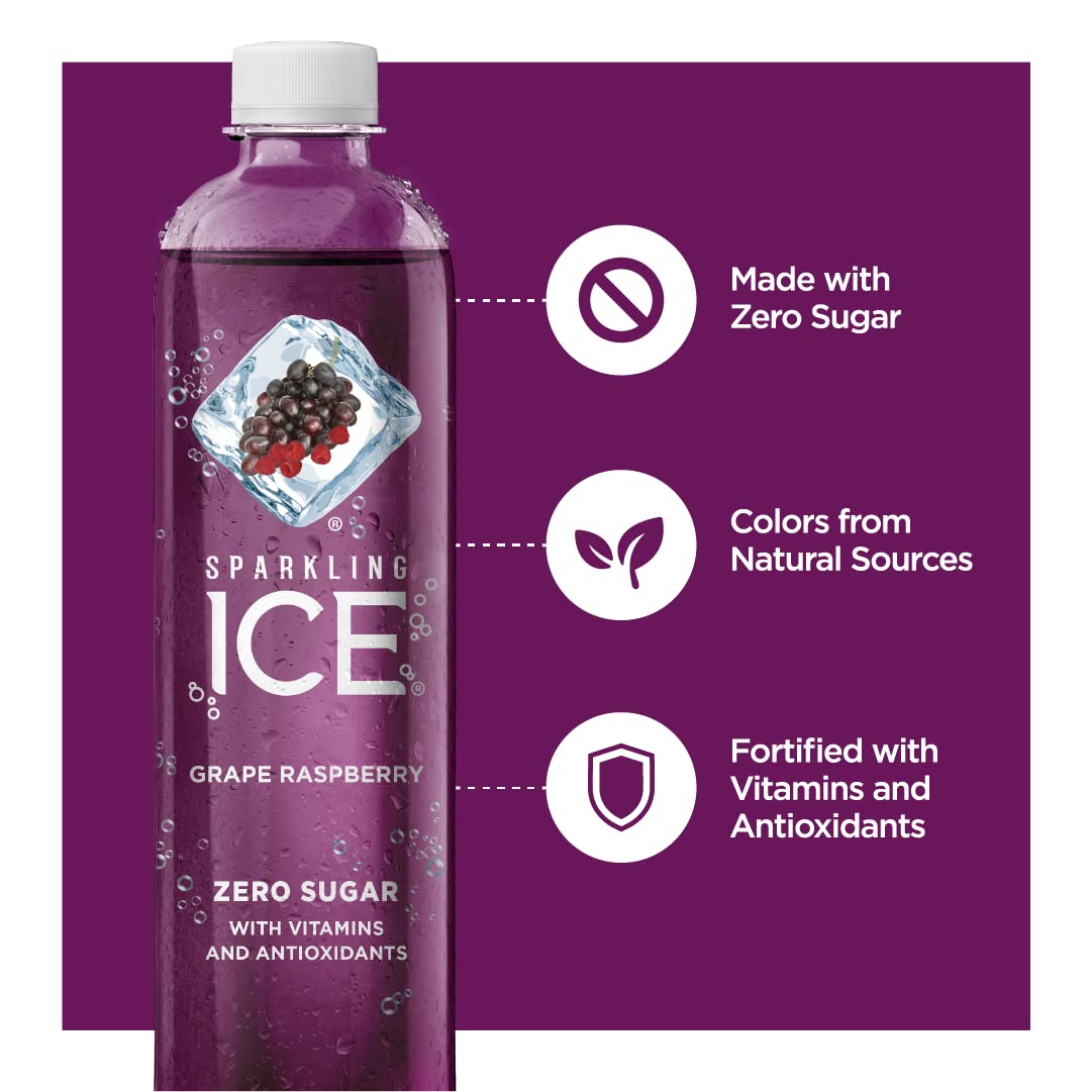 Sparkling Ice. Grape Raspberry Sparkling Water. Zero Sugar Flavored Water. 17 fl oz