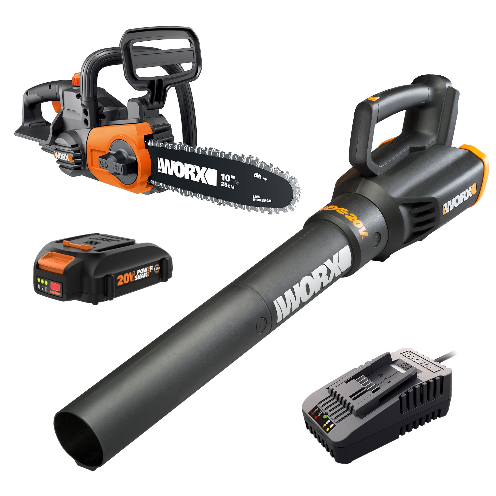 Worx WG915 Power Share 20V 10 in. Cordless Battery Chainsaw and Leaf Blower Combo Kit (Battery & Fast Charger Included)