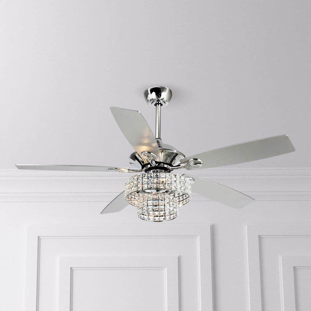 Parrot Uncle F6215A110V Howell 52 in. Indoor Chrome Downrod Mount Crystal Chandelier Ceiling Fan with Light Kit and Remote Control
