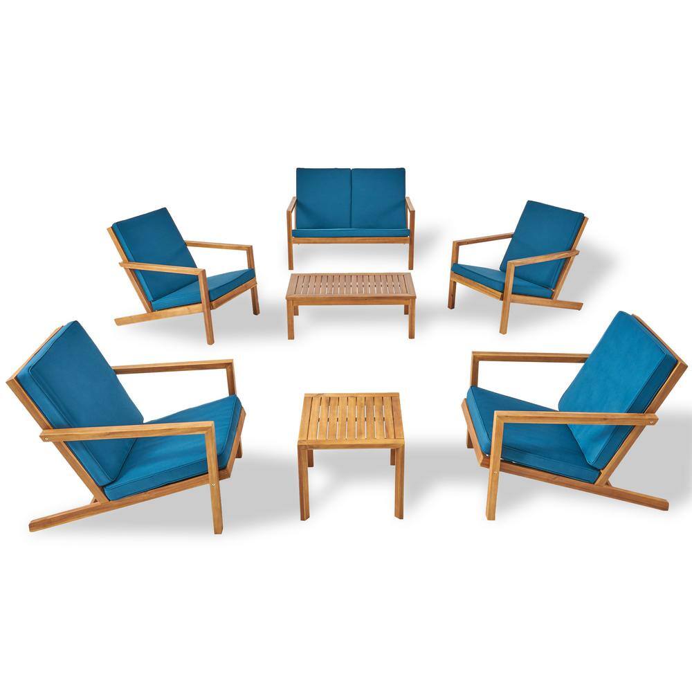 Noble House  Leah Brown Patina 7-Piece Wood Patio Conversation Seating Set with Dark Teal Cushions