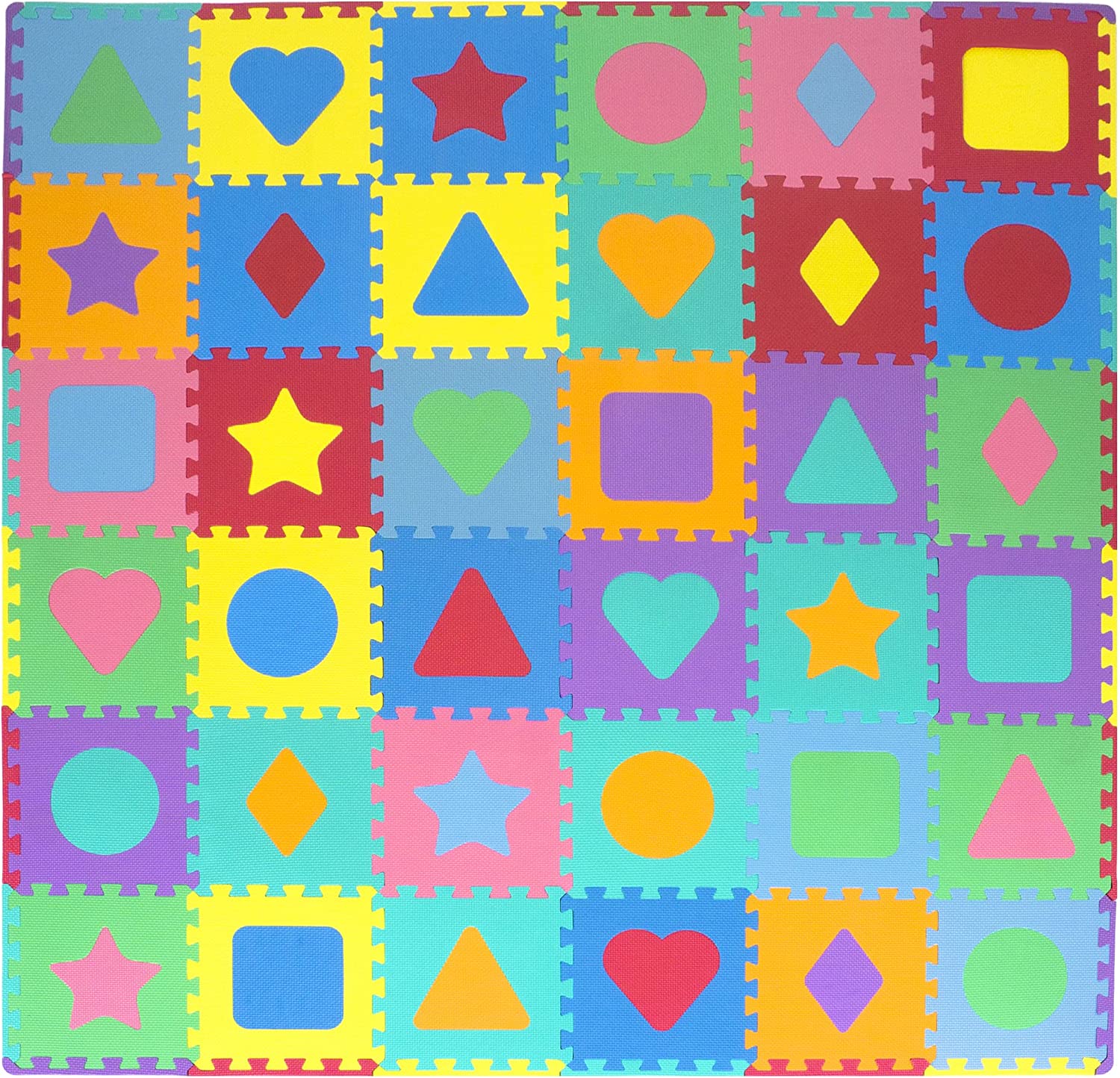 ProSource Kids Foam Puzzle Floor Play Mat with Shapes & Colors 36 Tiles. 12″x12″ and 24 Borders