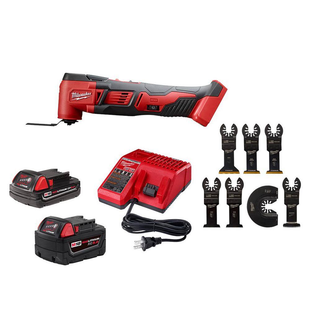 Milwaukee 48-59-1852-2626-20-49-10-9107 M18 18V Lithium-Ion Starter Kit with One 5.0 Ah & One 2.0 Ah Battery. Charger Multi Tool + OMT 7pc Blade Kit