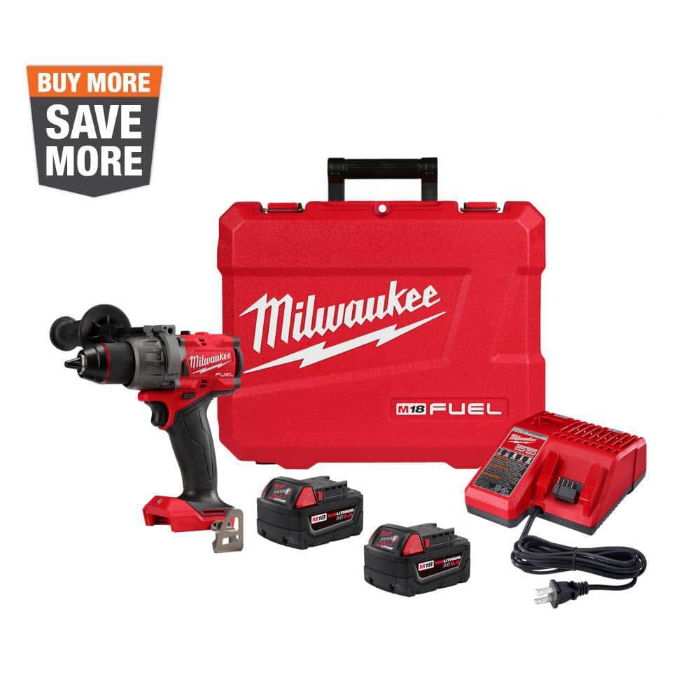 Milwaukee 2904-22 M18 FUEL 18V Lithium-Ion Brushless Cordless 1/2 in. Hammer Drill Driver Kit with Two 5.0 Ah Batteries and Hard Case