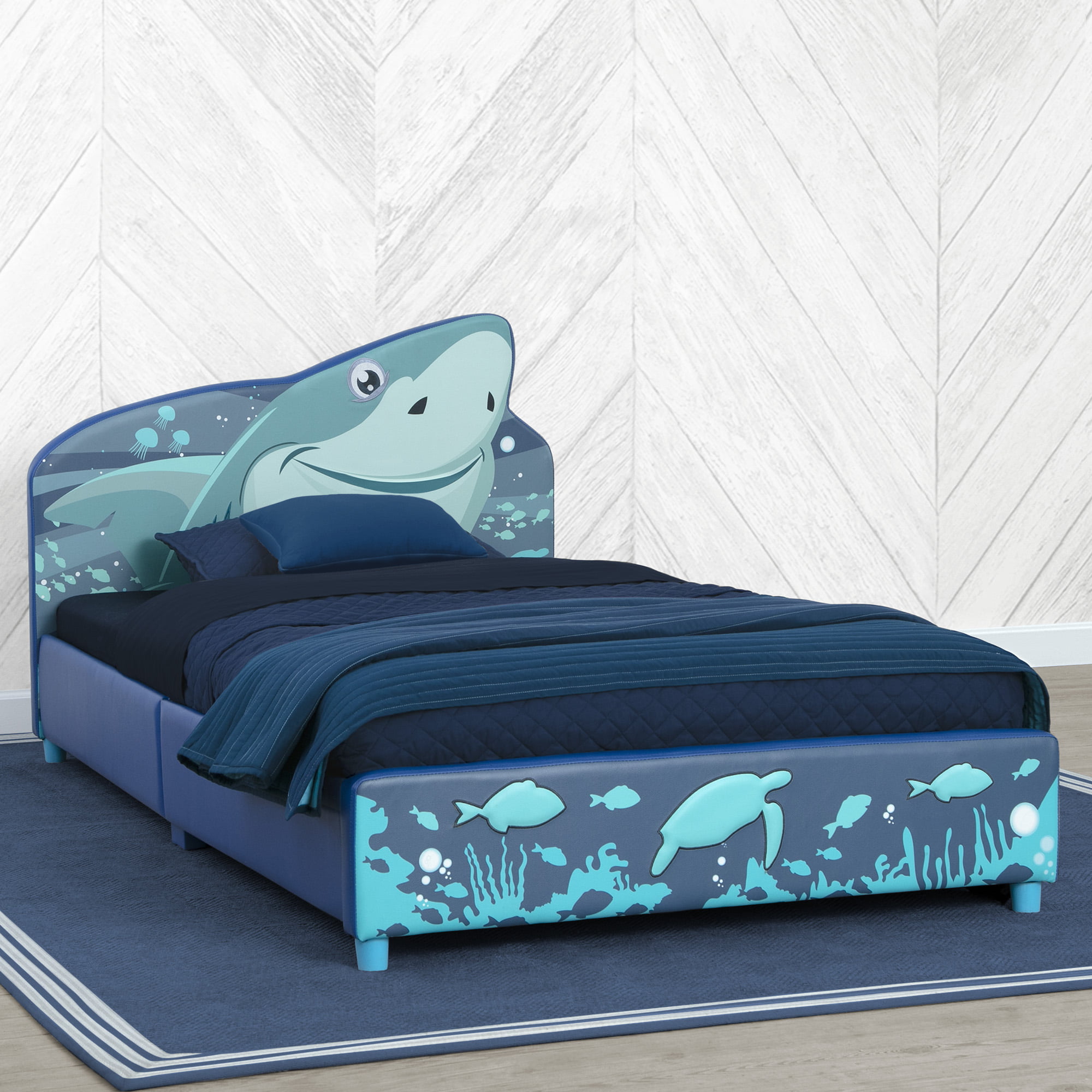 Delta Children Shark Upholstered Twin Bed. Blue
