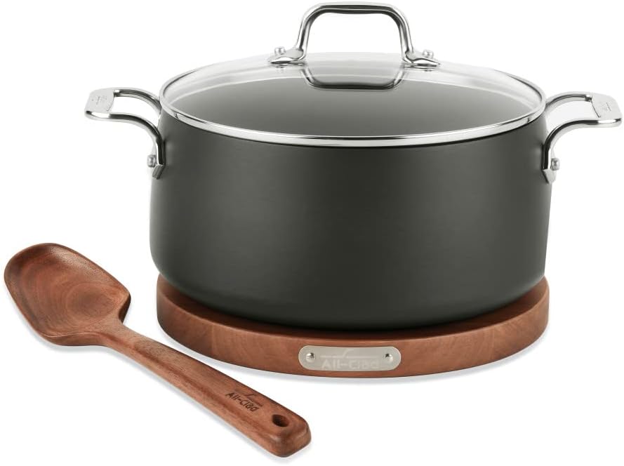 All-Clad HA1 Hard Anodized Nonstick 4 Piece Dutch Oven Set. Acacia Trivet and Spoon 6 Quart Induction Pots and Pans. Cookware Black