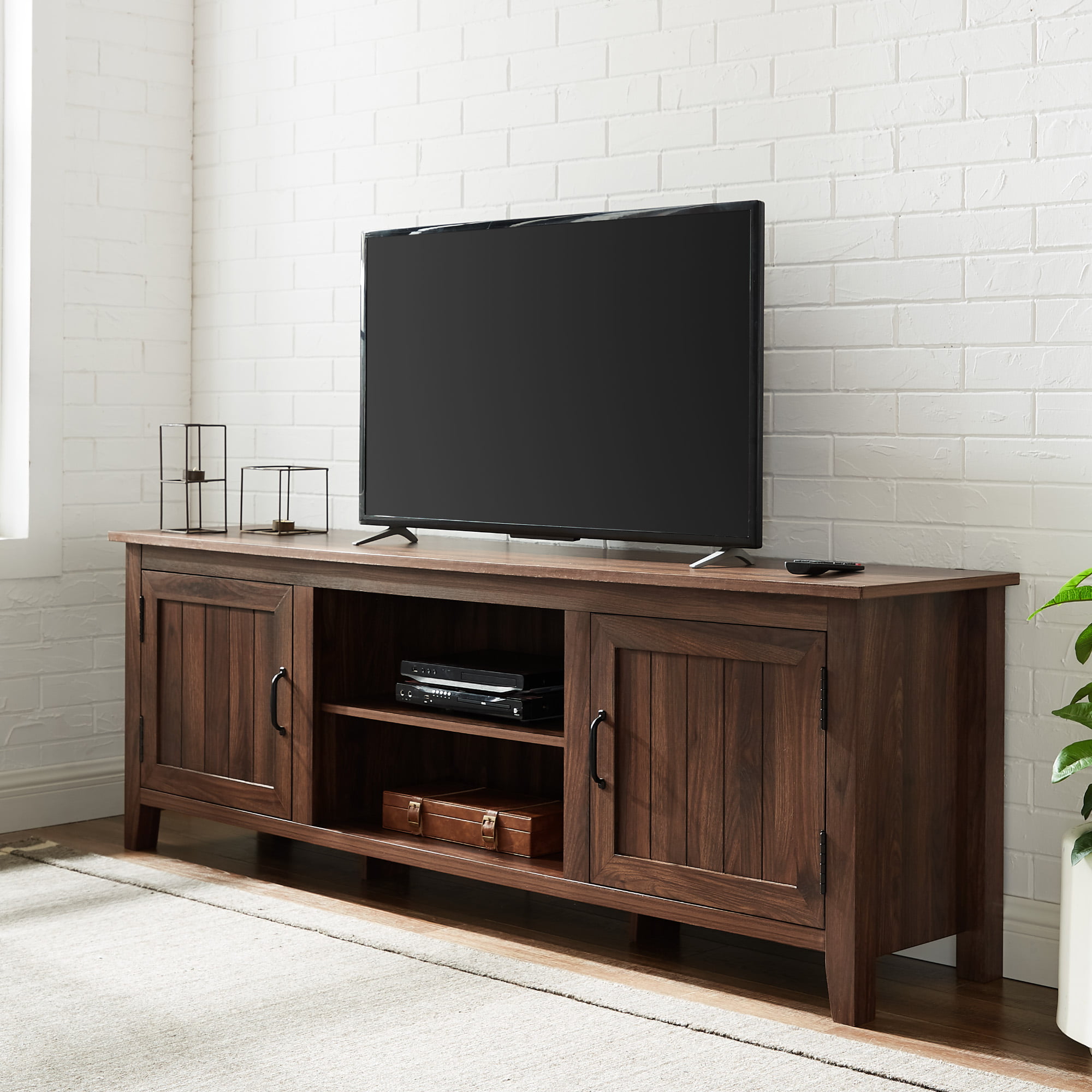 Woven Paths Farmhouse Grooved Door TV Stand for TVs up to 80″. Dark Walnut