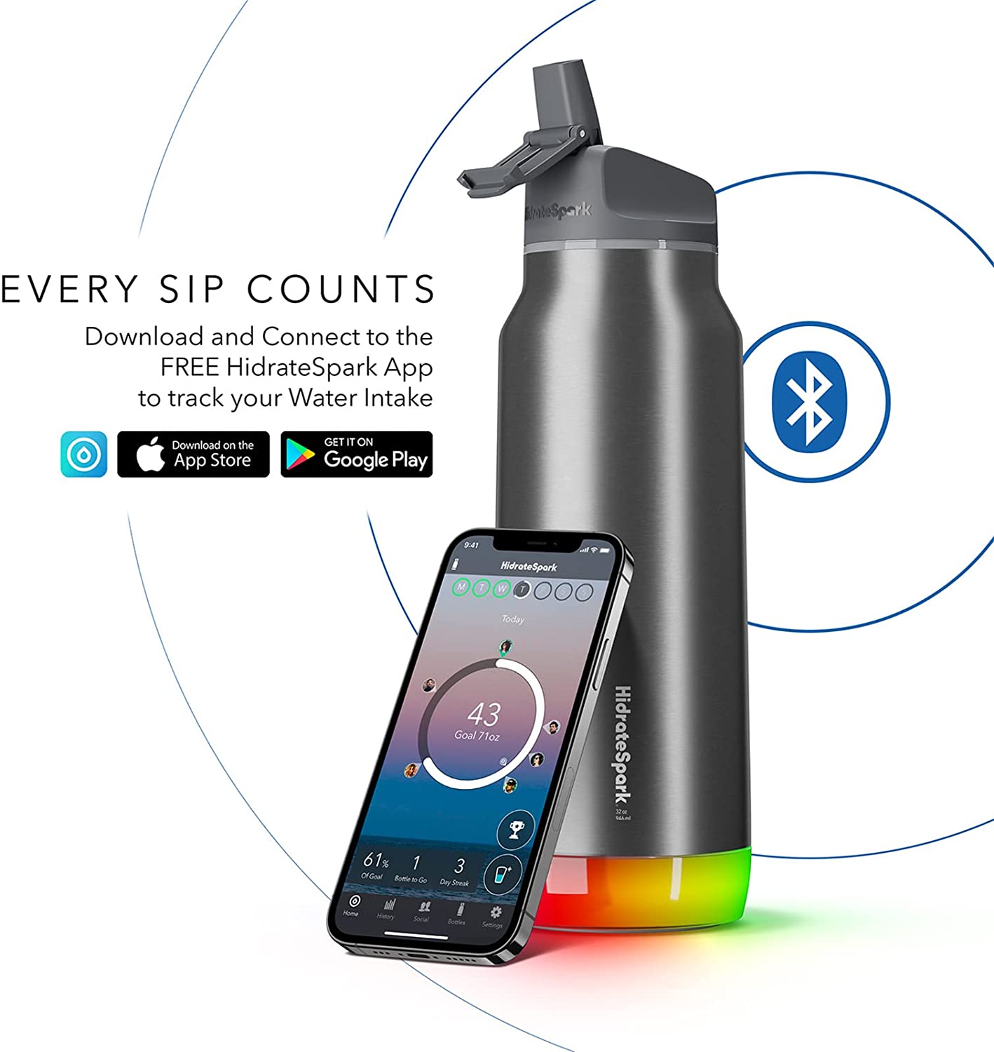 HidrateSpark PRO 32oz Smart Water Bottle Stainless Steel – Tracks Water Intake & Glows to Remind You to Stay Hydrated . Straw Lid. Brushed Steel