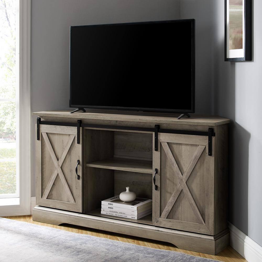 Welwick Designs  52 in. Grey Wash Wood Farmhouse Corner TV Stand with 2-Sliding Barn Doors fits TVs up to 58 in.
