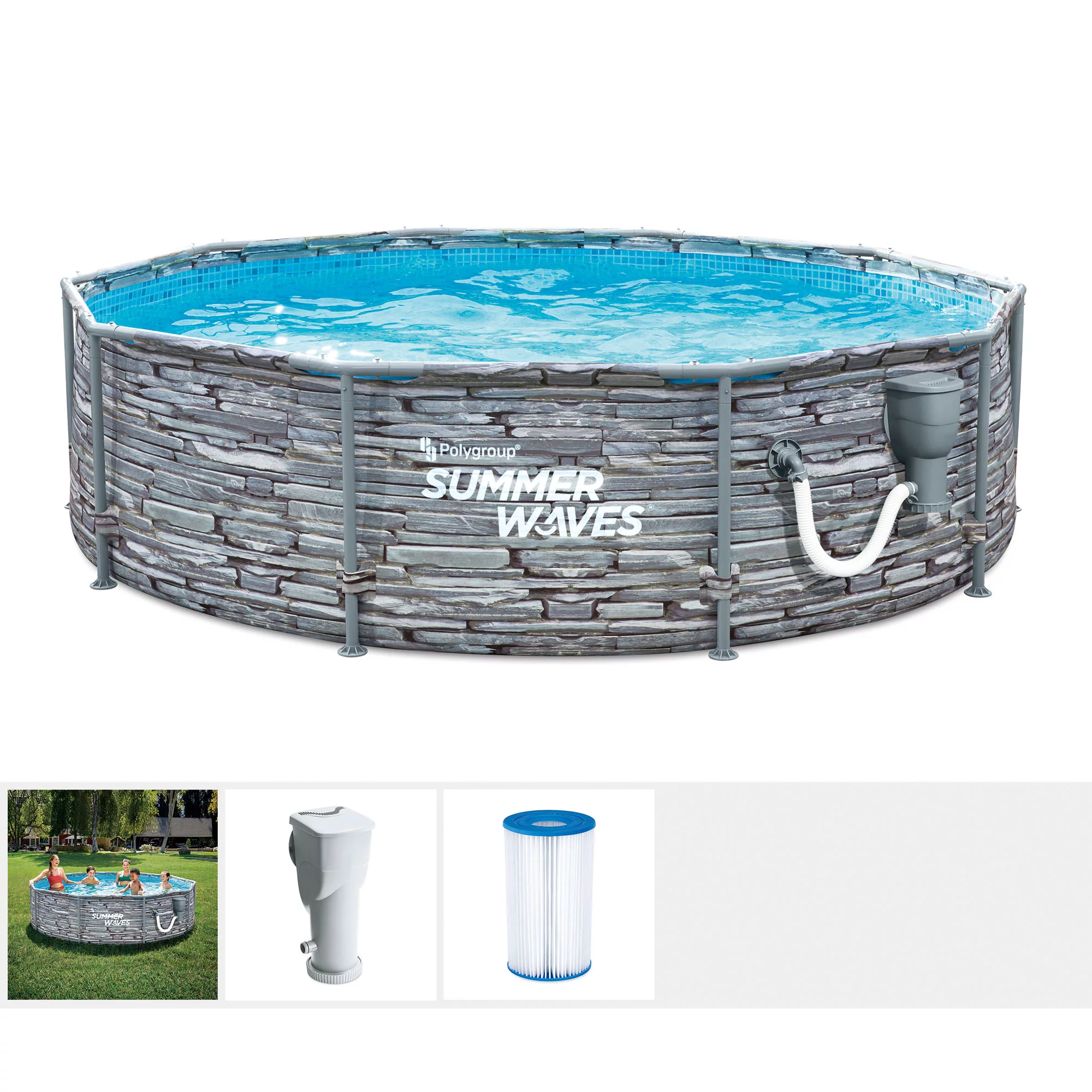 Summer Waves Active 12′ Stone Slate Metal Frame Above Ground Pool Set
