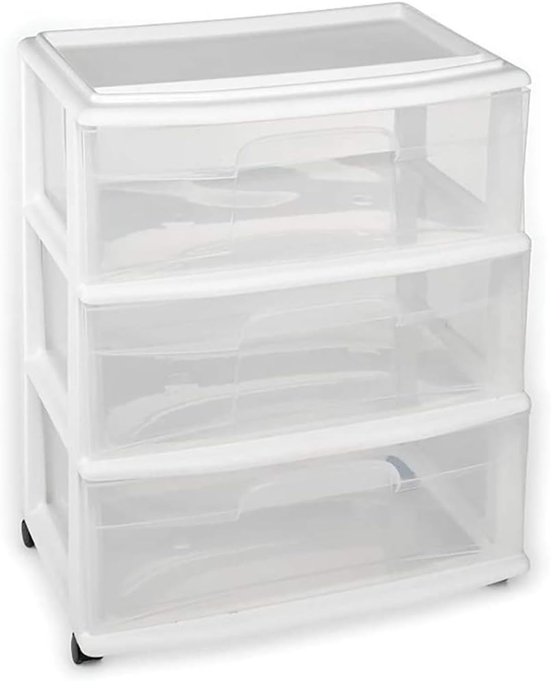 HOMZ Plastic 3 Drawer Wide Cart. White Frame. Clear Drawers. 4 Casters Included. Set of 1