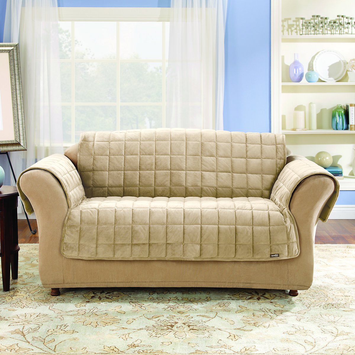 Sure Fit Deluxe Microban Sofa Furniture Cover. Quilted Velvet Polyester. Machine Washable. Ivory