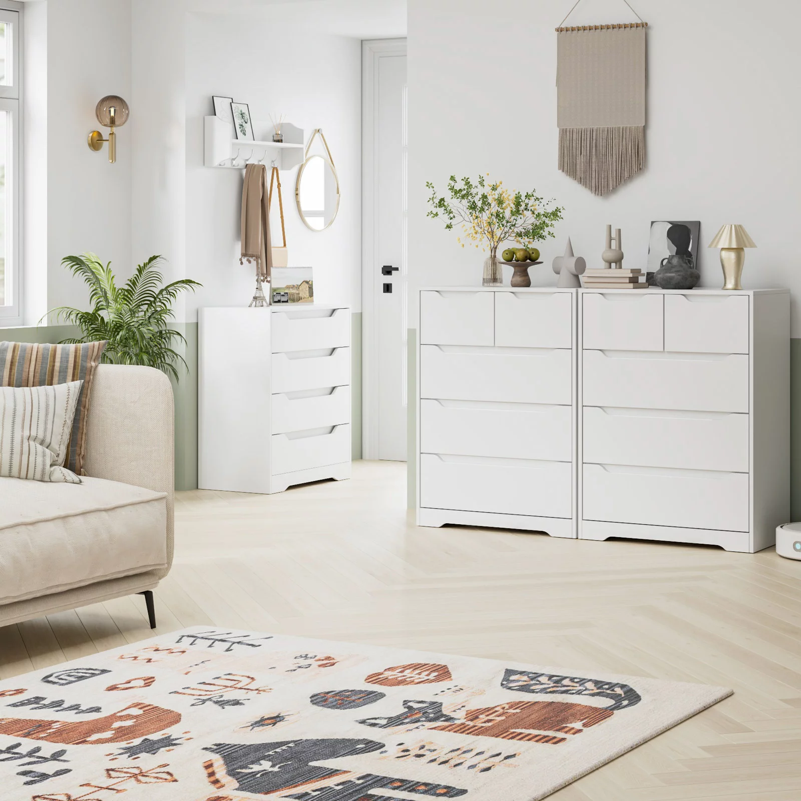 Homfa White Dresser for Bedroom. Wood Storage Chest of 5 Drawers with Cutout Handles for Living Room