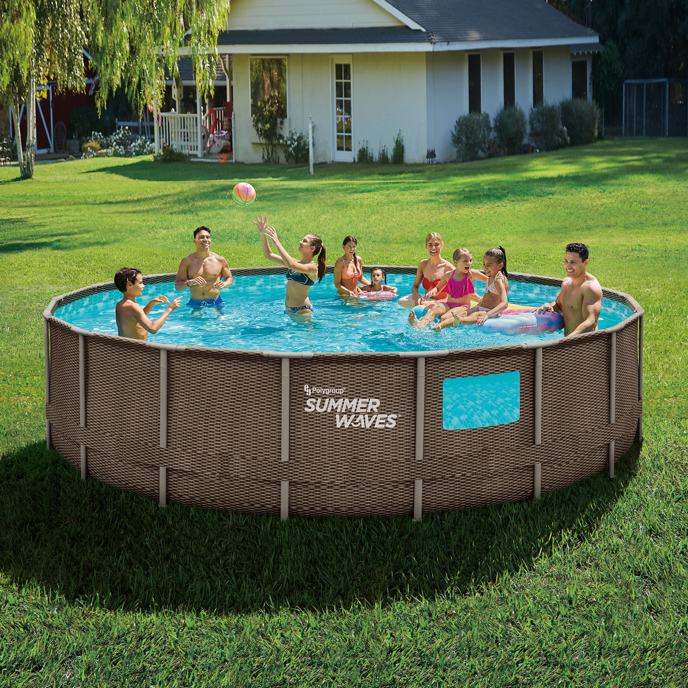Summer Waves 18 ft Dark Double Rattan Crystal Vue Elite Frame Pool. Round. Ages 6+. Unisex