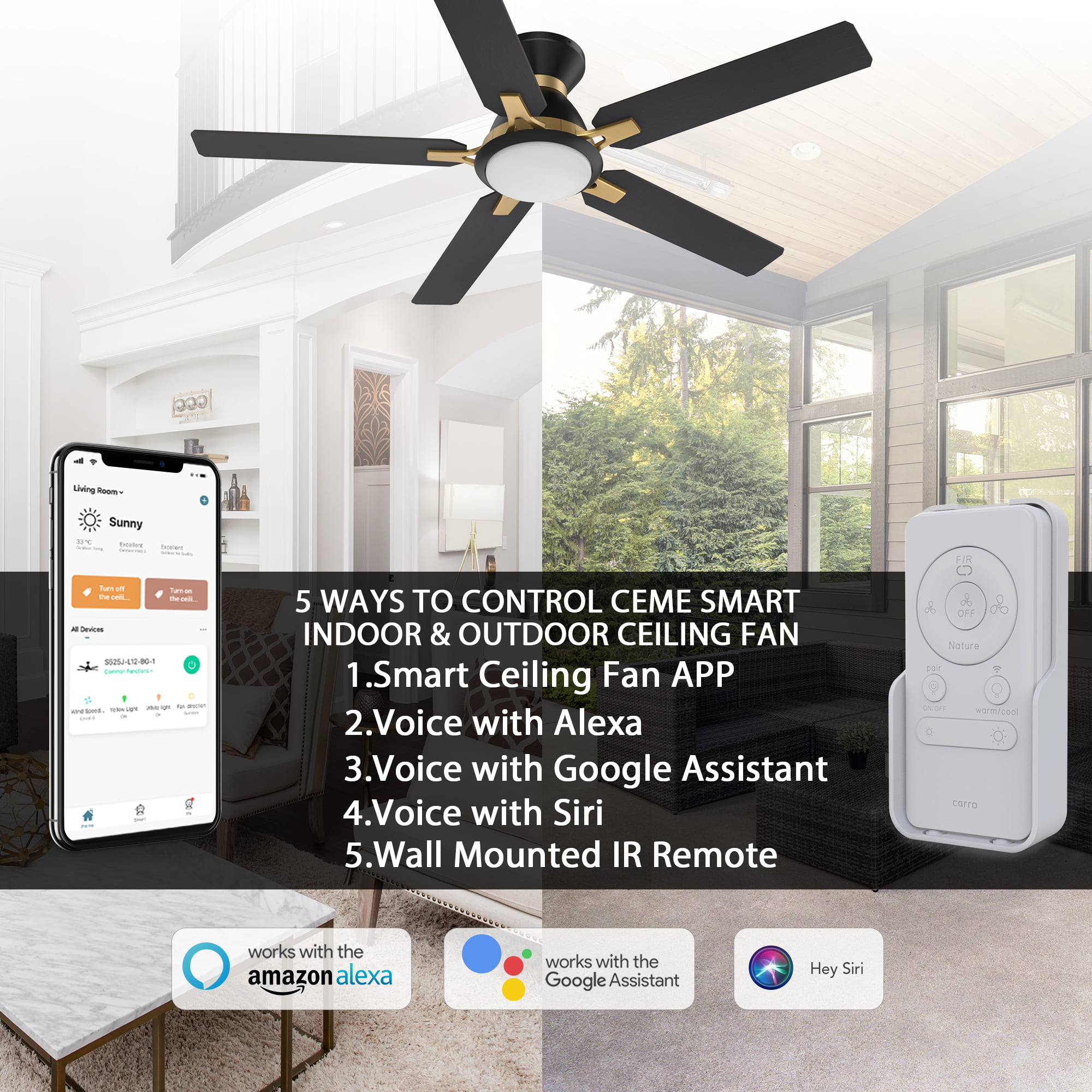 Smaair 52″ 5-Blade Flush Mount Smart Ceiling Fan with Dim LED Light and Remote - Black/Gold