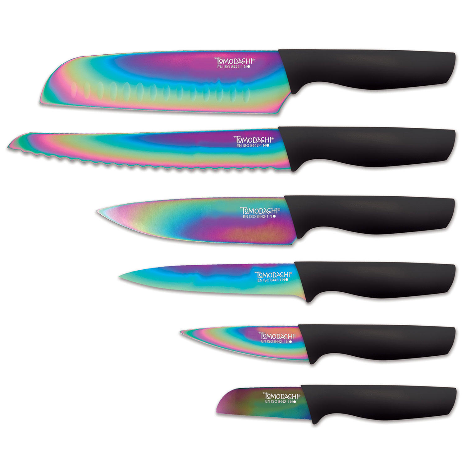 Tomodachi Rainbow Black 12-Piece Knife Set with Matching Blade Guards. Titanium