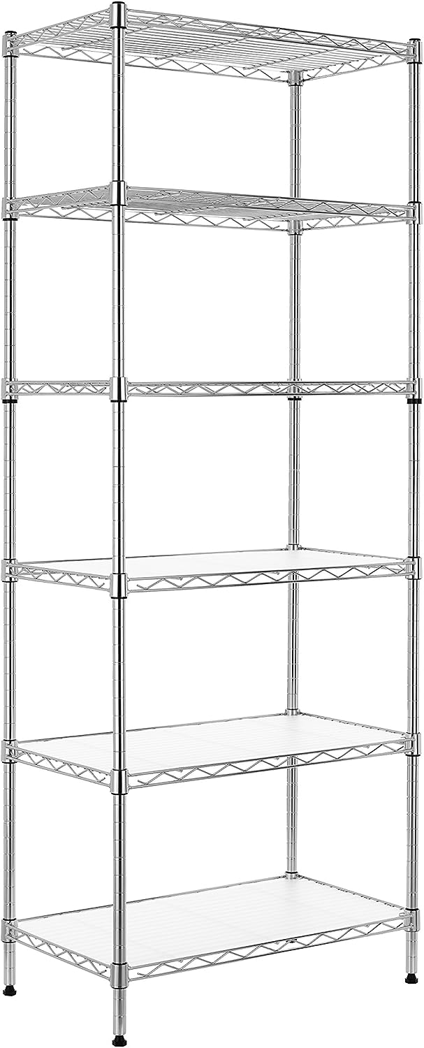 Finnhomy 6-Tier Wire Shelving Unit Adjustable Steel Wire Rack Shelving 6 Shelves Steel Storage Rack or Two 3 Tier Shelving Units with PE mat and Stable Leveling Feet. NSF Certified. Chrome
