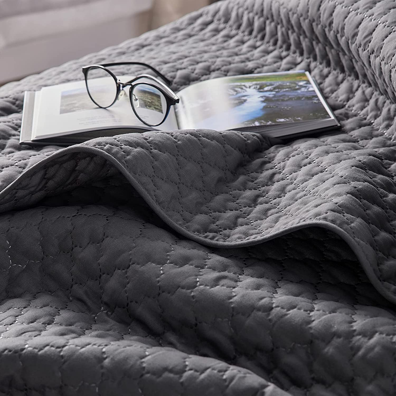 CozyLux Summer Quilt Sets Twin Size Dark Grey 2 Pieces