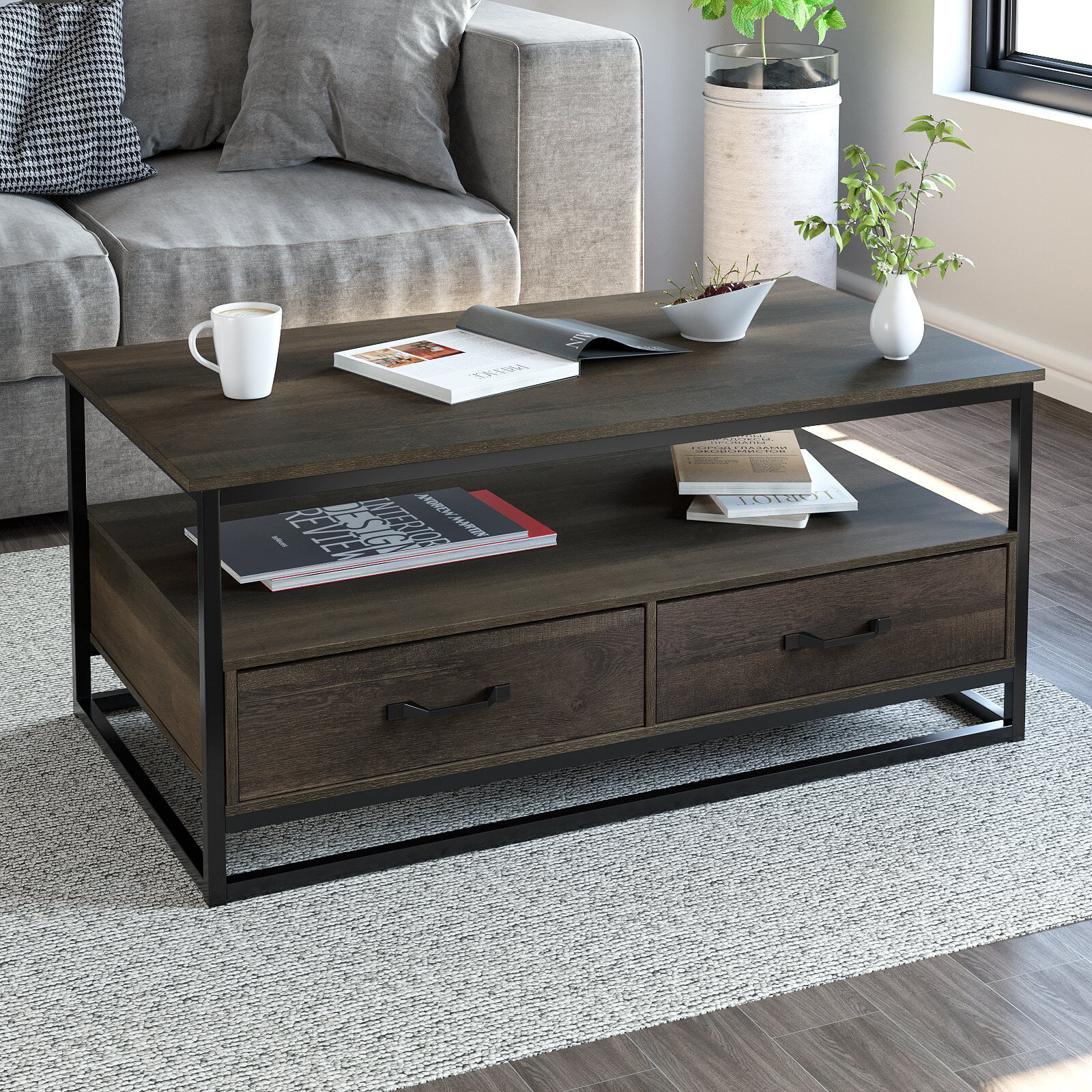 Homfa Coffee Table for Living Room. 43″” Wooden Cocktail Table with Storage Shelf and 2 Drawers. Rustic Center Table for Home Office. Dark Brown