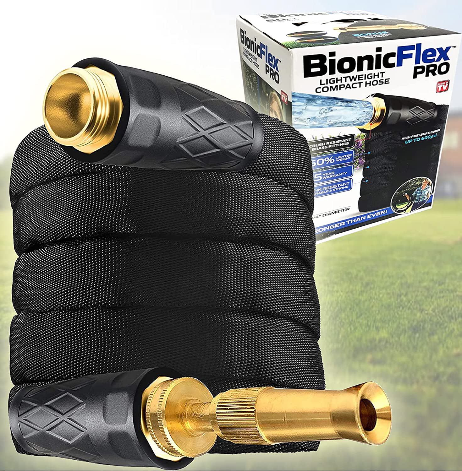 Bionic Flex Pro 50' Garden Hose Heavy Duty. Lightweight Weatherproof Garden Water Hose. Brass Fittings. Adjustable Brass Spraying and Shooting Nozzle. Kink Free Hose. 500 PSI Tear Resistant- 50ft.