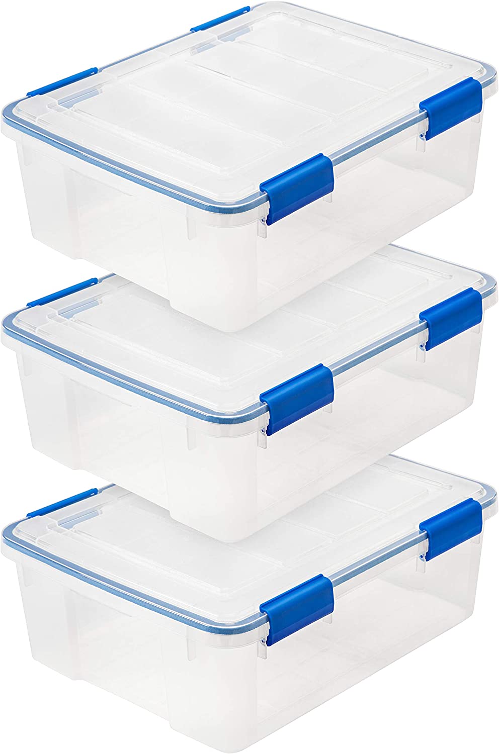 IRIS USA 26.5 Quart WEATHERPRO Plastic Storage Box with Durable Lid and Seal and Secure Latching Buckles. Clear With Blue Buckles. Weathertight. 3 Pack