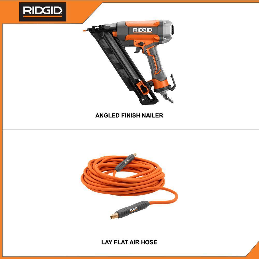 RIDGID R250AFF-R5025LF Pneumatic 15-Gauge 2-1/2 in. Angled Finish Nailer with 1/4 in. 50 ft. Lay Flat Air Hose