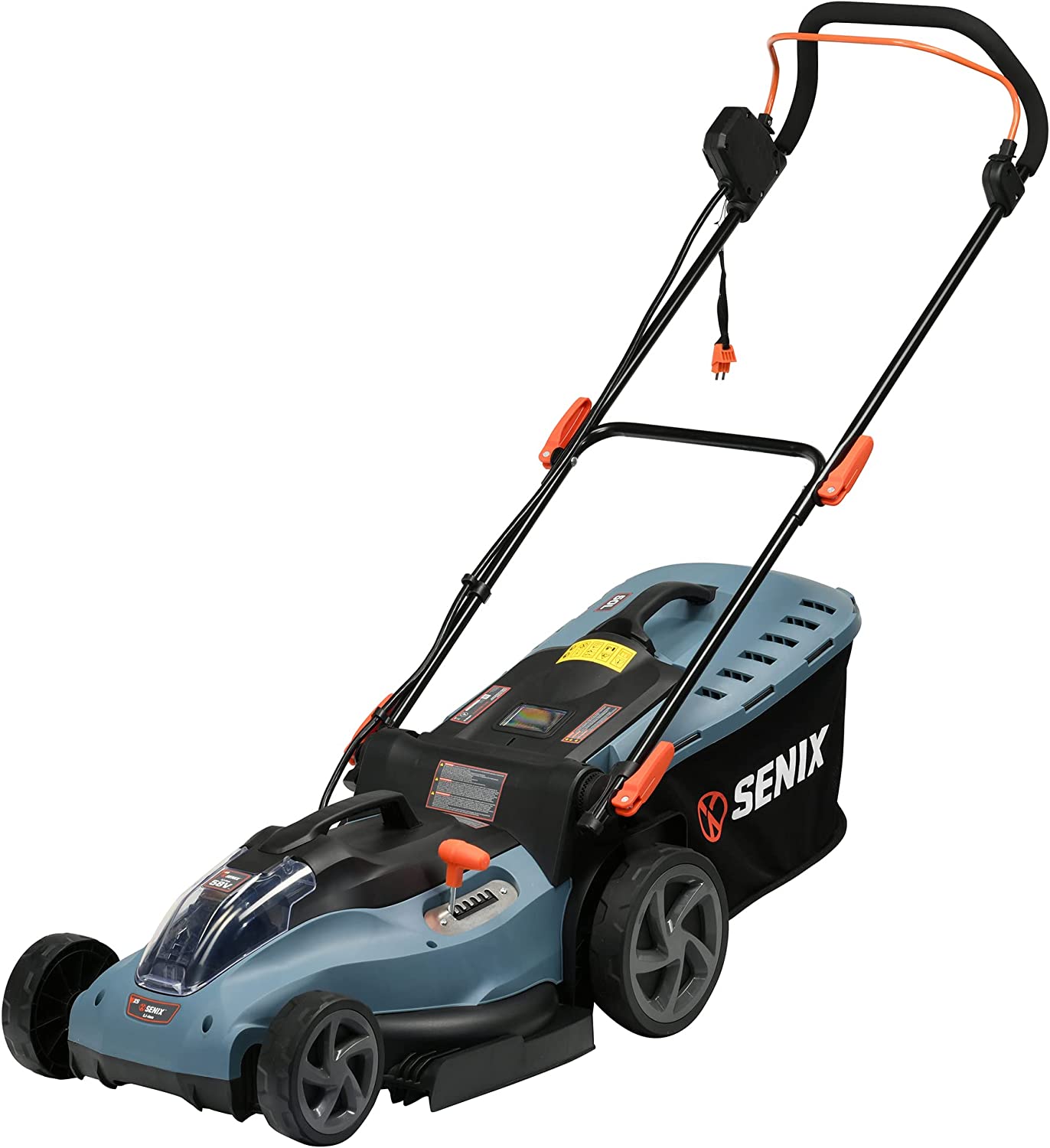 SENIX Electric Lawn Mower. 17-Inch. 58V Max* Cordless Lawn Mower with Brushless Motor. 6-Position Height Adjustment. 2.5Ah Lithium Ion Battery and Charger Included. LPPX5-M. Blue