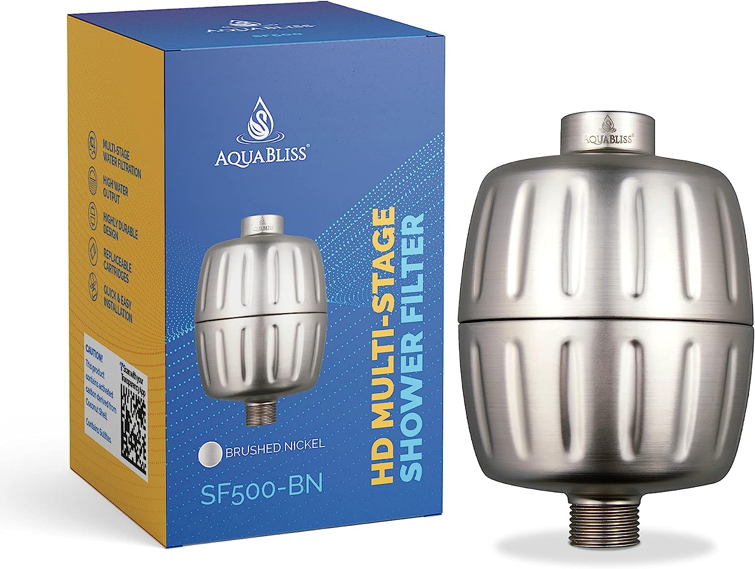 AquaBliss HD HEAVY DUTY High Output Shower Filter – Latest Superior Advanced 30x Filter Media - Universal Multi-Stage Shower Head Filter for Chemicals. Chlorine. Pesticides (SF500) - Brushed Nickel