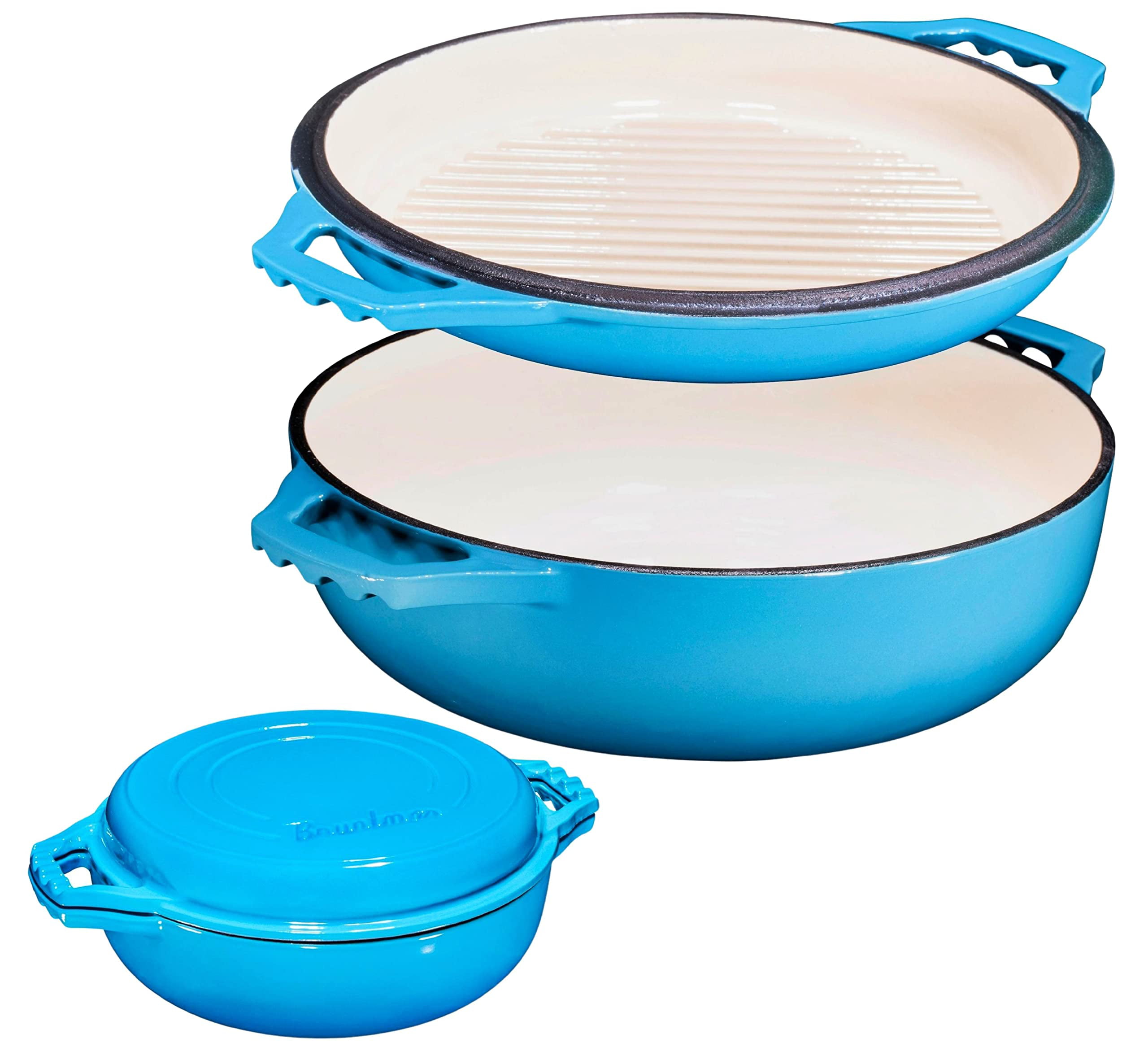 Bruntmor 2-in-1 Enameled Cast Iron Cocotte Double Braiser Pan with Grill Lid 3.3 Quarts - Barbecue