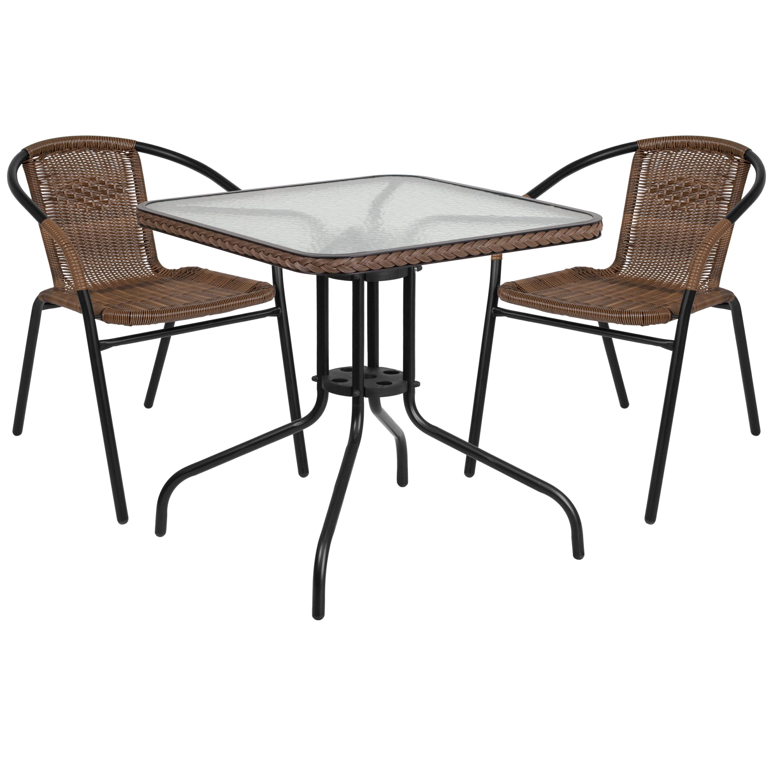 Flash Furniture 28” Square Glass Metal Table with Dark Brown Rattan Edging and 2 Dark Brown Rattan Stack Chairs