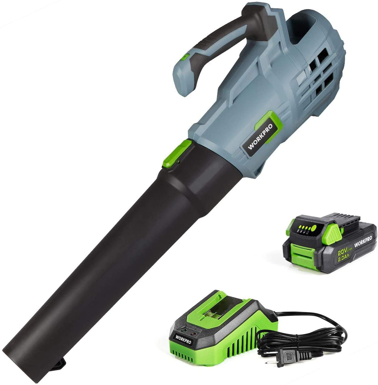 WORKPRO 20V Cordless Leaf Blower. Electric Gardening Tool Powered Sweeper. with 2.0Ah Battery and 1 Hour Quick Charger Included