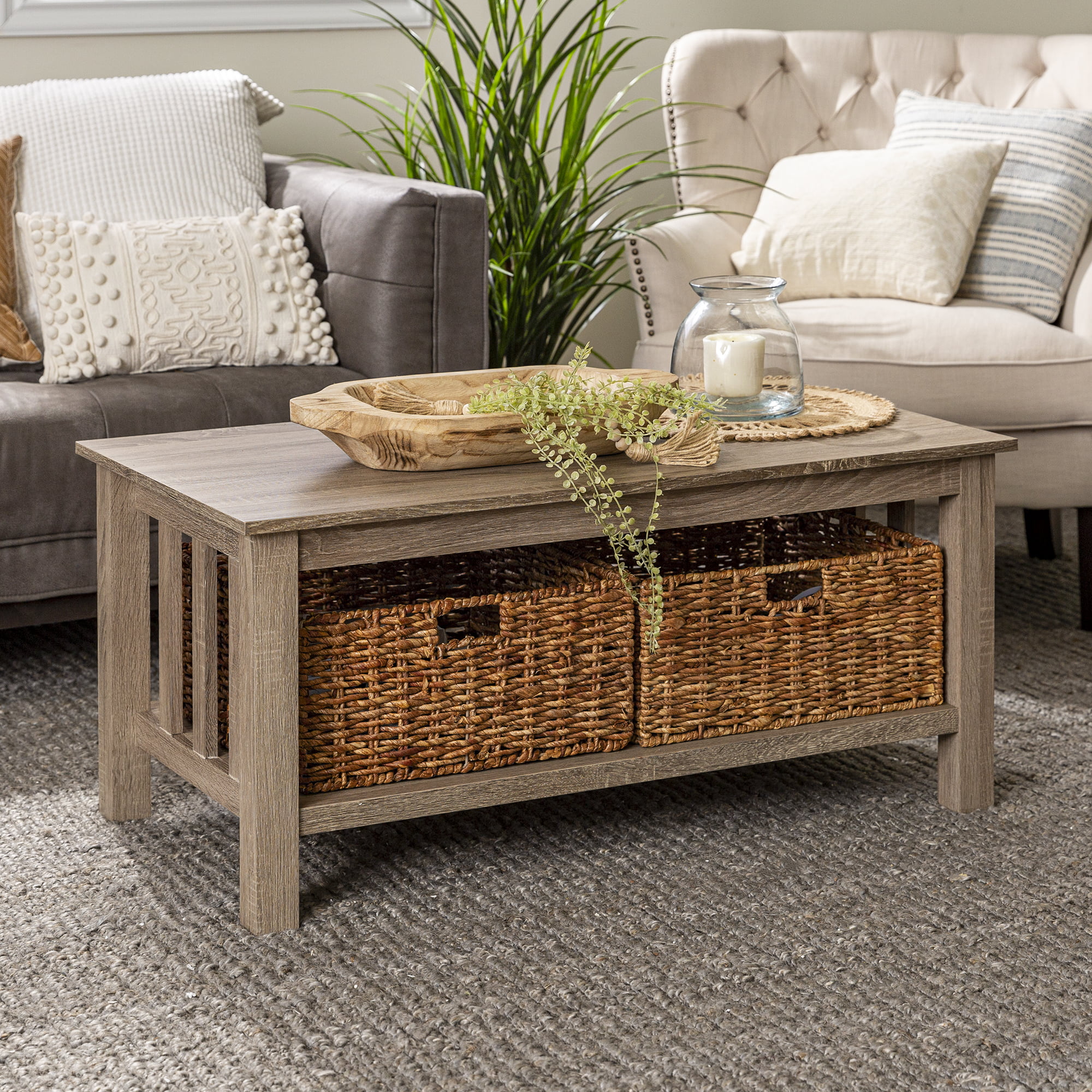 Woven Paths Traditional Storage Coffee Table with Bins. Driftwood