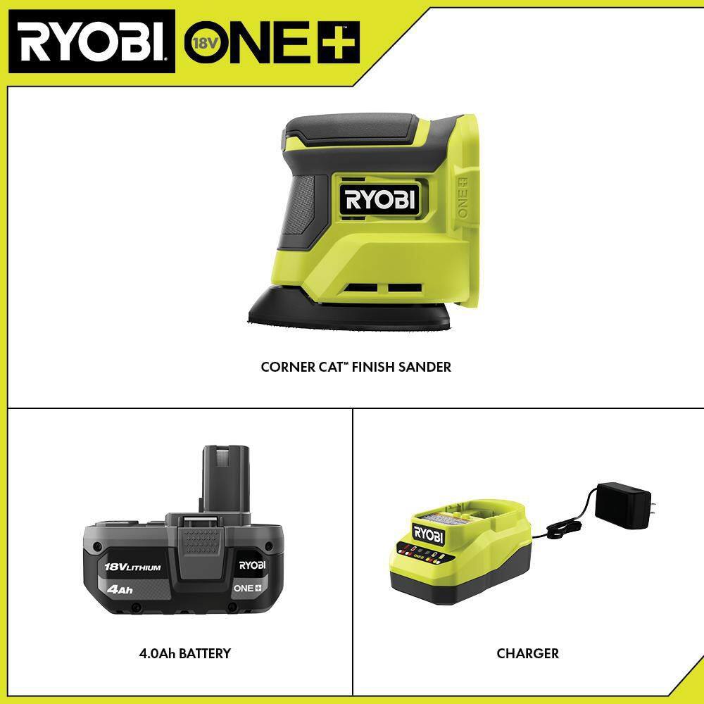 RYOBI PCL416K1 ONE+ 18V Cordless Corner Cat Finish Sander Kit with 4.0 Ah Battery and Charger