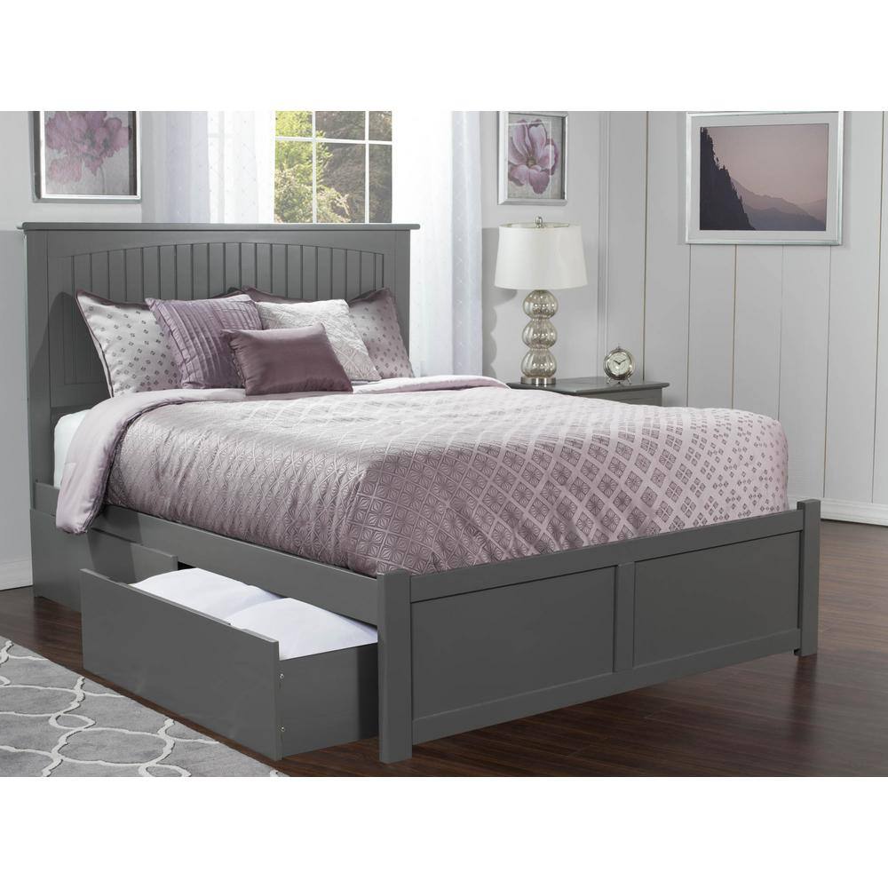 AFI  Nantucket Grey Queen Solid Wood Storage Platform Bed with Flat Panel Foot Board and 2 Bed Drawers