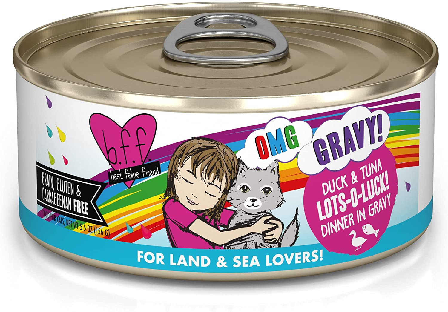 Weruva B.F.F. OMG - Best Feline Friend Oh My Gravy!. Lots-O-Luck! with Duck & Tuna in Gravy Cat Food. 5.5oz Can (Pack of 8)