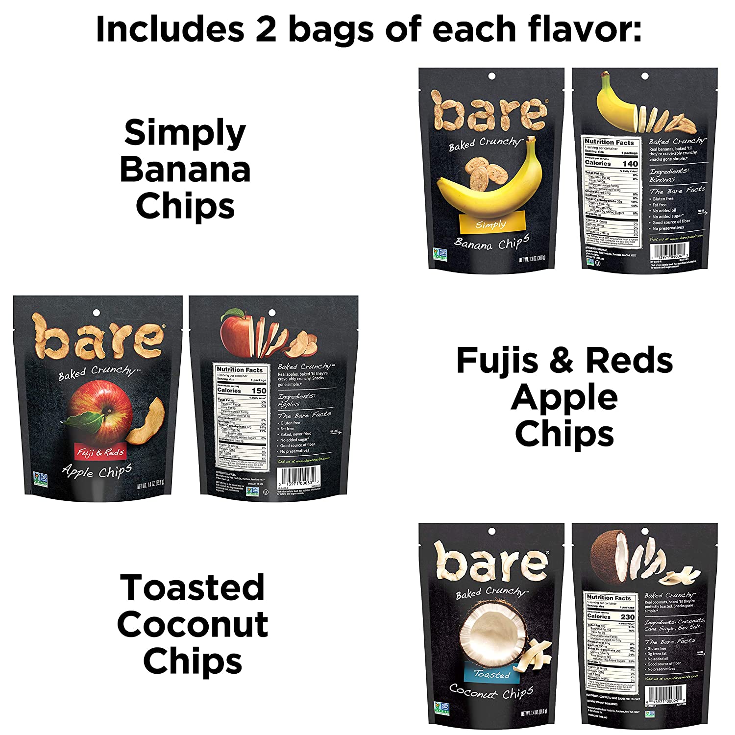 Bare Baked Crunchy Apple Chips. Banana Chips. and Coconut Chips. Variety Pack. Gluten Free. 6 Count
