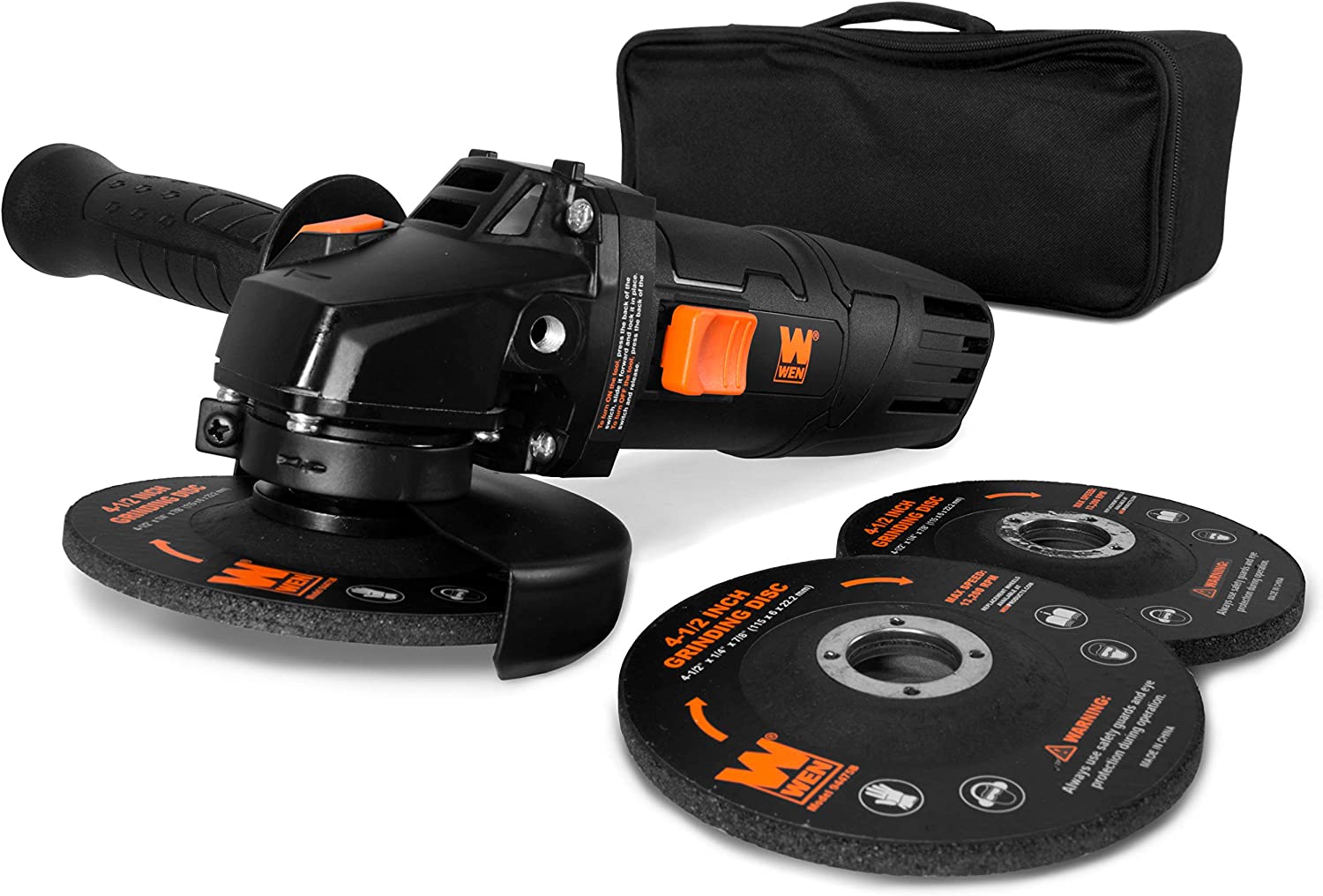 WEN 94475 7.5-Amp 4-1/2-Inch Angle Grinder with Reversible Handle. Three Grinding Discs. and Carrying Case