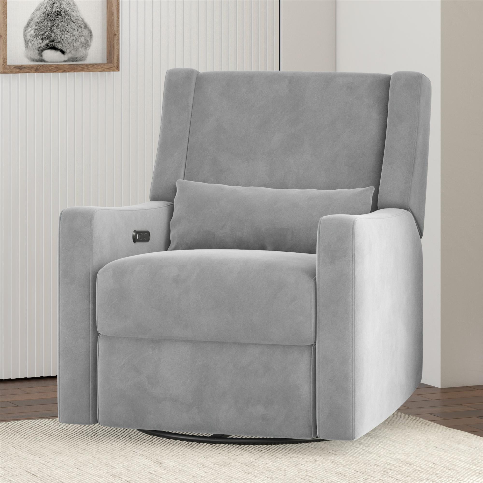 Baby Relax Otto 4-in-1 Swivel Glider Rocker Power Recliner with USB Ports. Light Gray Velvet