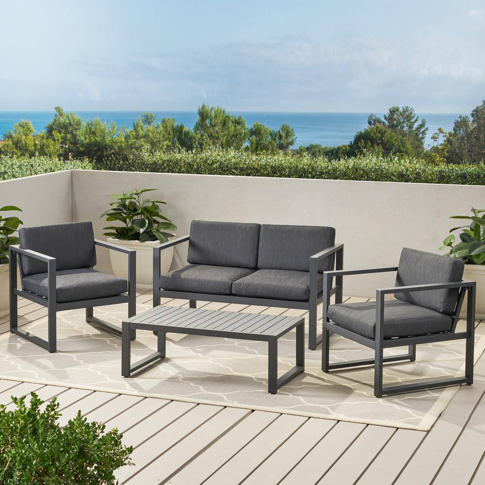 Noble House  Navan Dark Gray 4-Piece Aluminum Patio Conversation Set with Dark gray Cushions