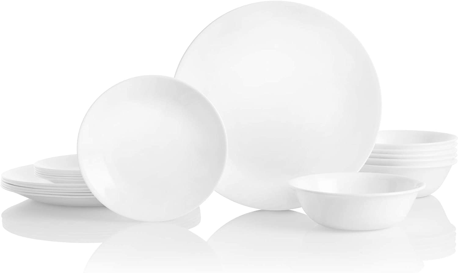 Corelle Vitrelle 18-Piece Service for 6 Dinnerware Set. Triple Layer Glass and Chip Resistant. Lightweight Round Plates and Bowls Set. Winter Frost White