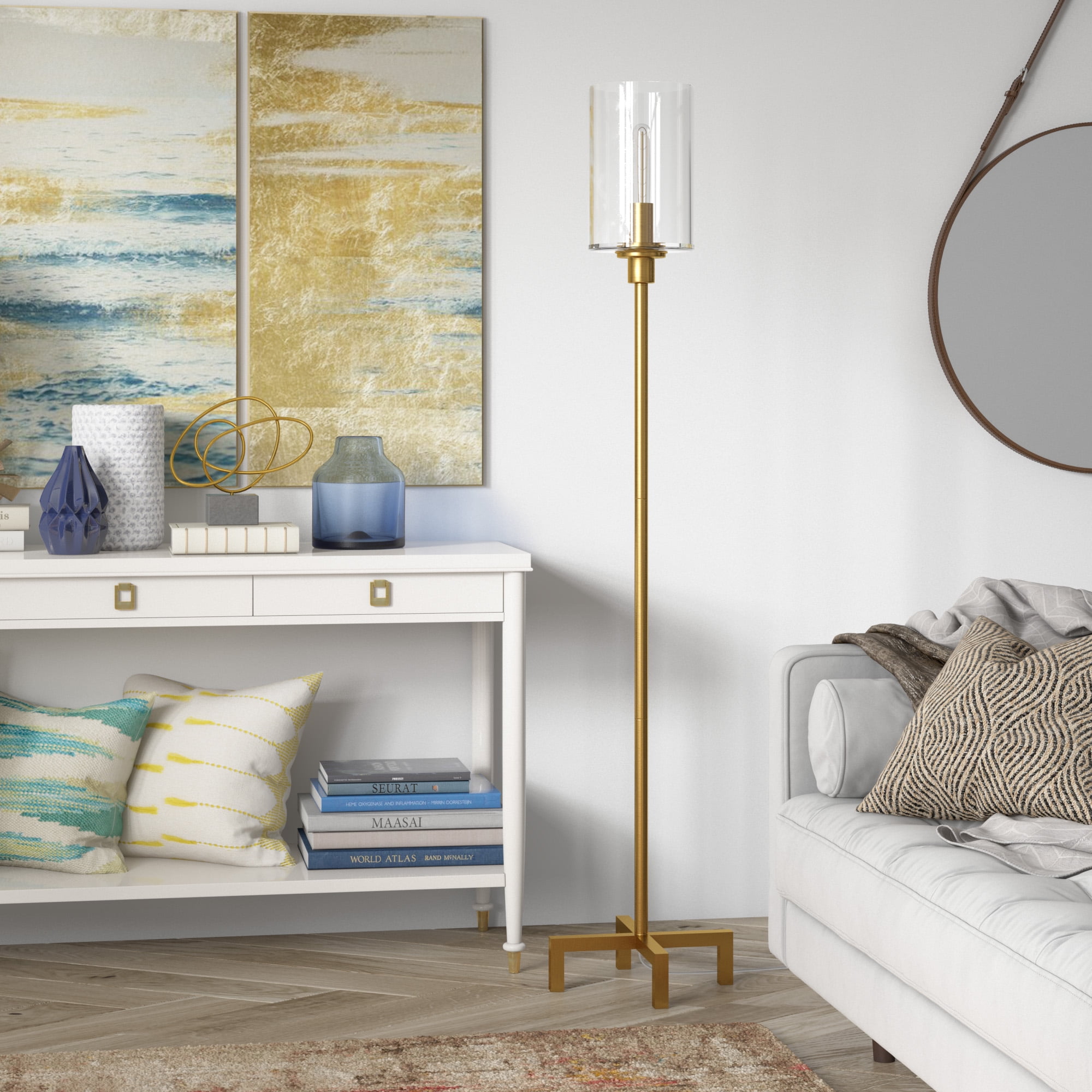 Evelyn&Zoe Panos Modern Farmhouse Seeded Glass Torchiere Floor Lamp. Brass
