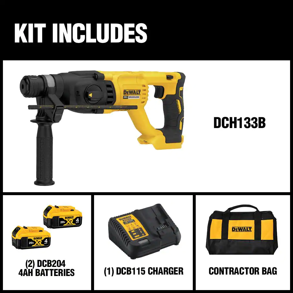 DEWALT DCH133M2 20-Volt MAX Cordless Brushless 1 in. SDS Plus D-Handle Concrete & Masonry Rotary Hammer & (2) 20-Volt 4.0Ah Batteries