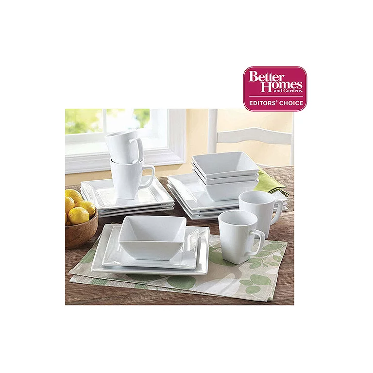Better Homes & Gardens 16 Piece Square Porcelain Dinnerware Set. White
