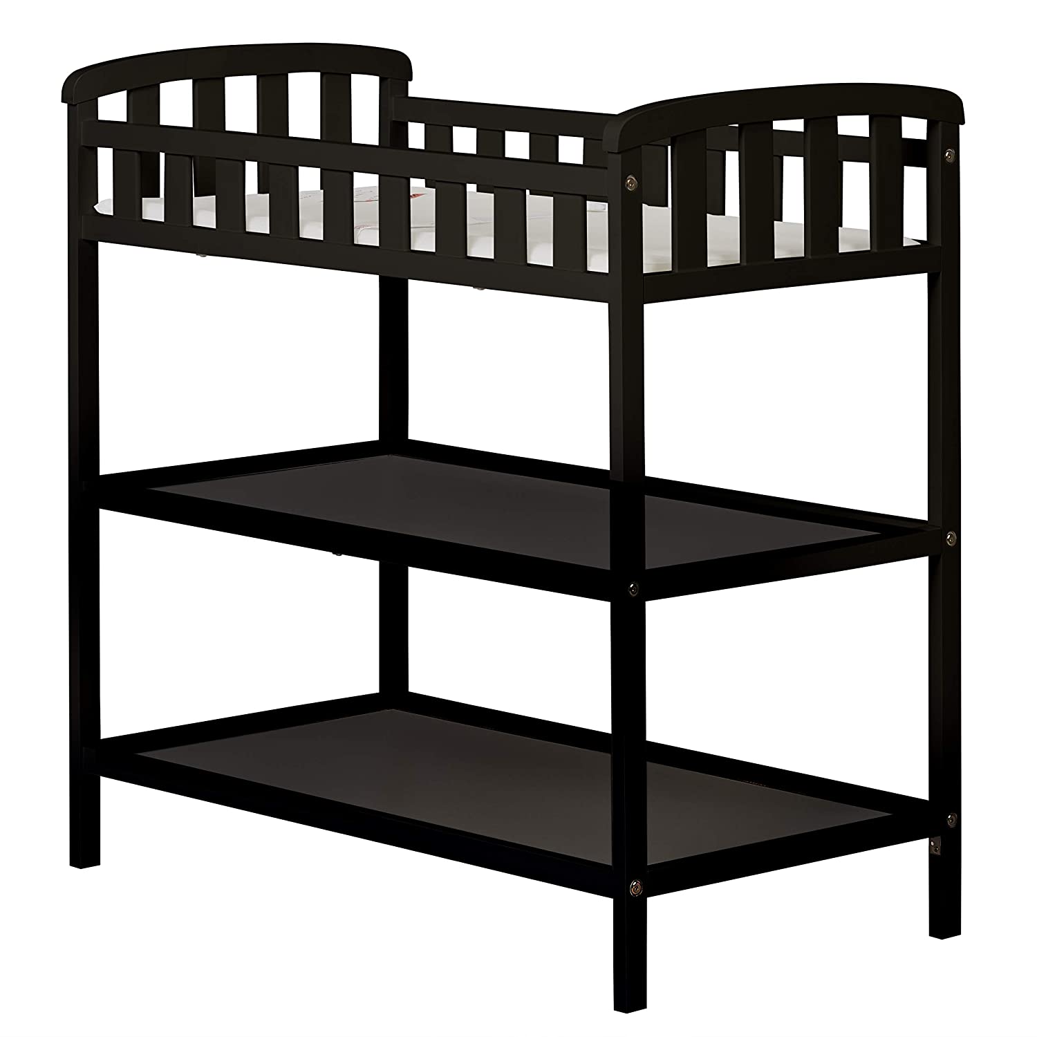 Dream On Me Emily Changing Table In Black. Comes With 1″ Changing Pad. Features Two Shelves. Portable Changing Station. Made Of Sustainable New Zealand Pinewood