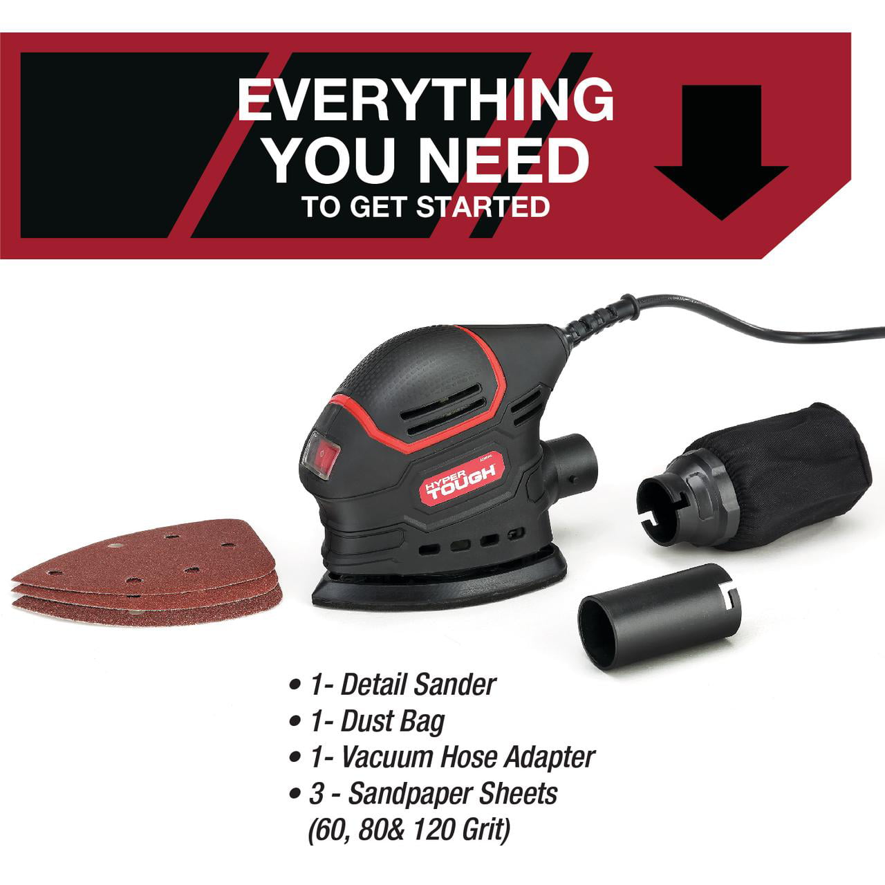 Hyper Tough 1.5 Amp Corded Detail Sander with Dust Bag. Vacuum Hose Adapter & 3 Sanding Sheets (60. 80 & 120 Grit)