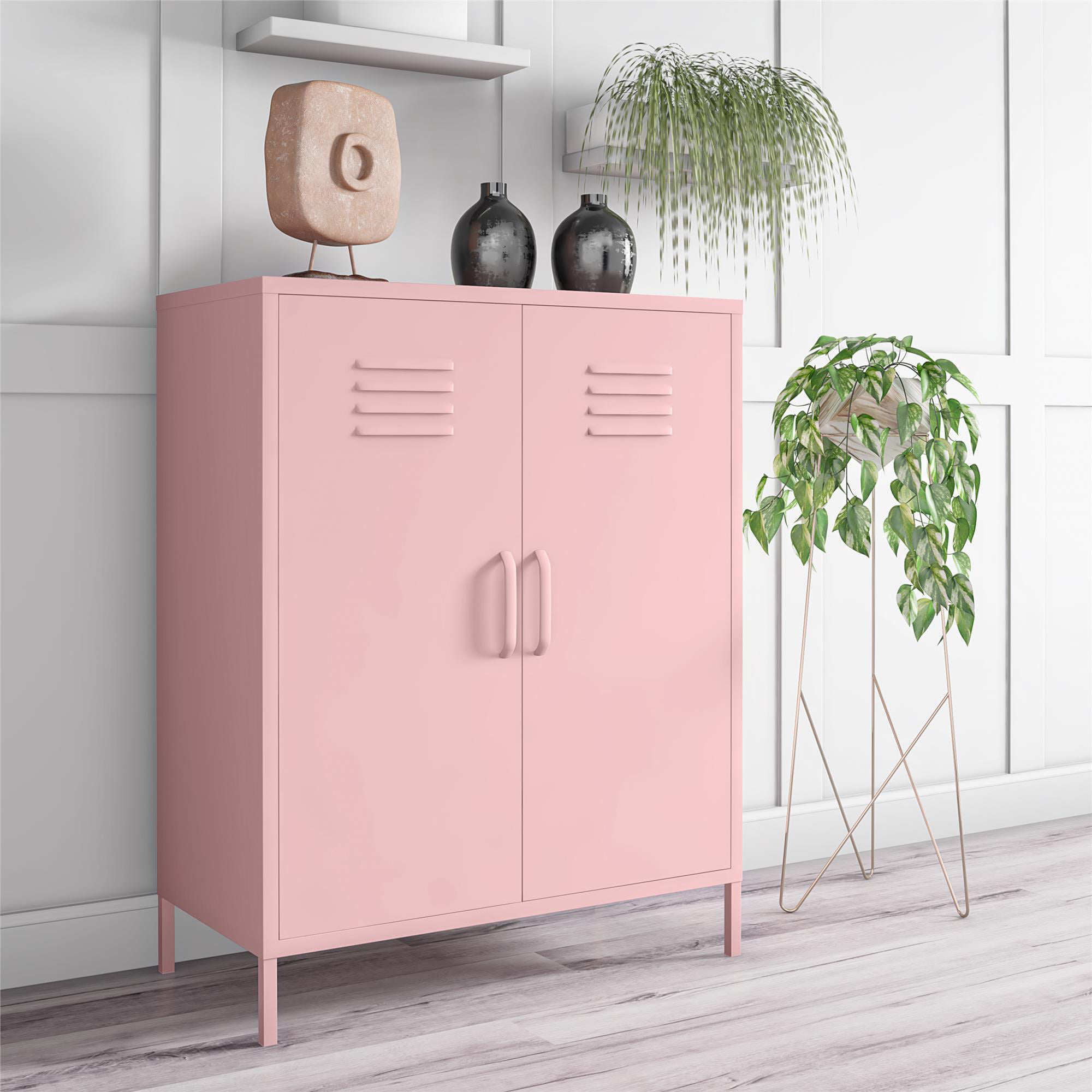 Novogratz Cache 2 Door Metal Locker Style Storage Accent Cabinet. Bashful Pink