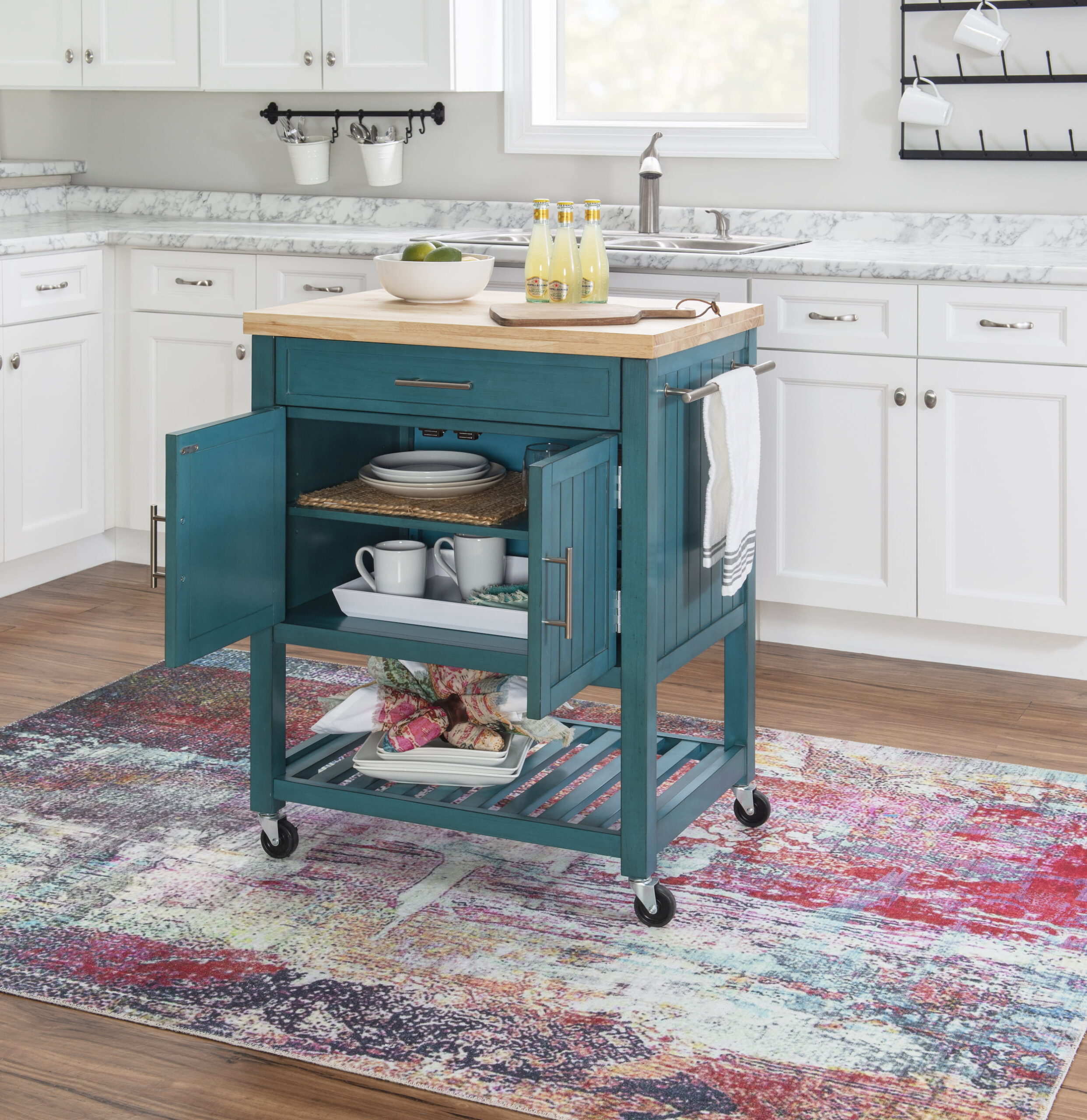 Powell Conrad Mobile Kitchen Cart. Teal with Butcher Block Top